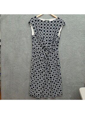 Lauren Ralph Lauren Geometric Print Knot Front Dress Size 12 Navy White